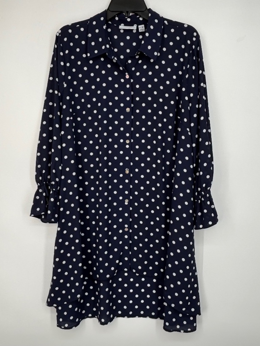 Susan Graver Petite Large LP Hi Low Button Front Duster Blue Polka Dot Georgette